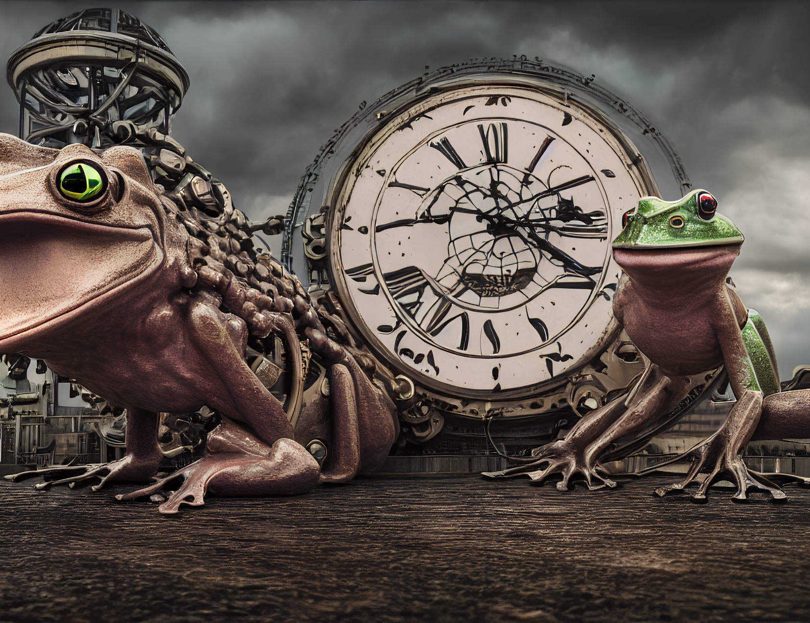 Hyper-realistic Frogs with Ornate Clock and Monocle Frog on Cloudy Sky Background