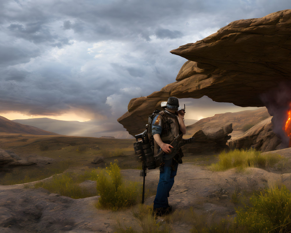 Person in tactical gear with jetpack near erupting lava under dramatic sky