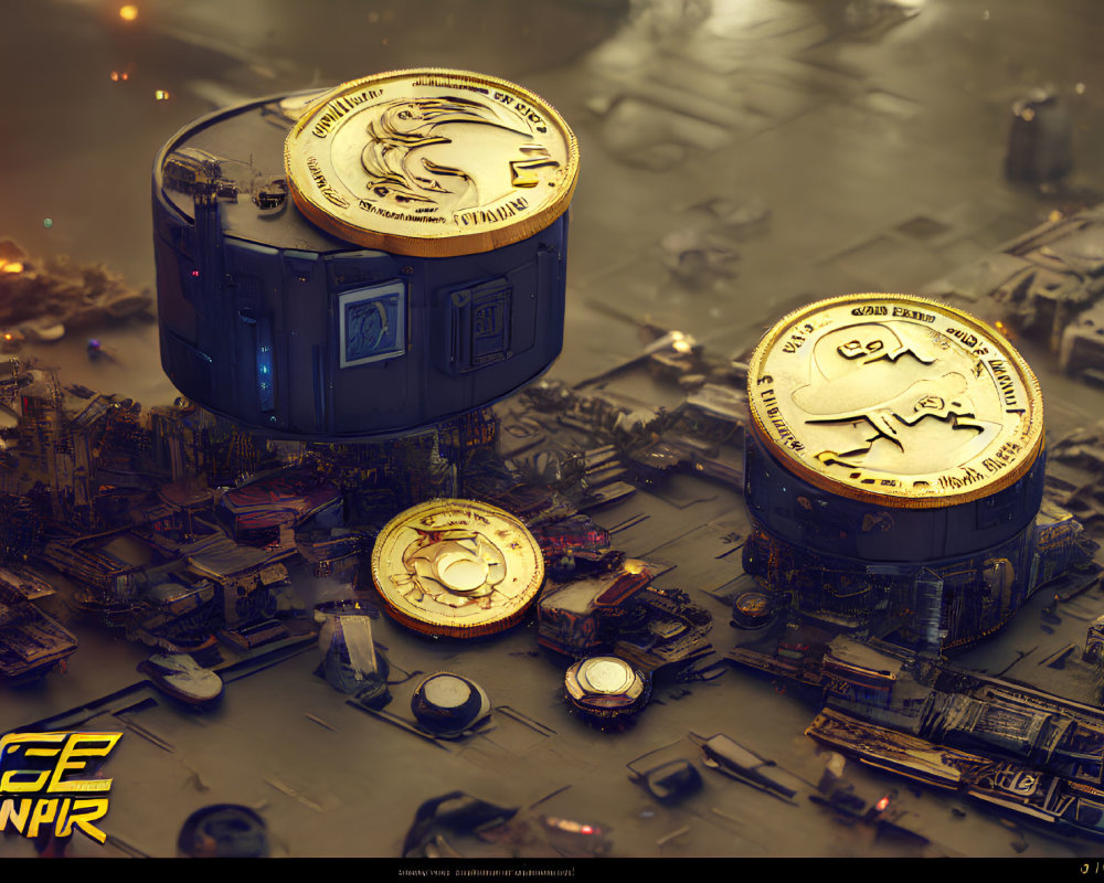 Futuristic coins hover over intricate industrial cityscape