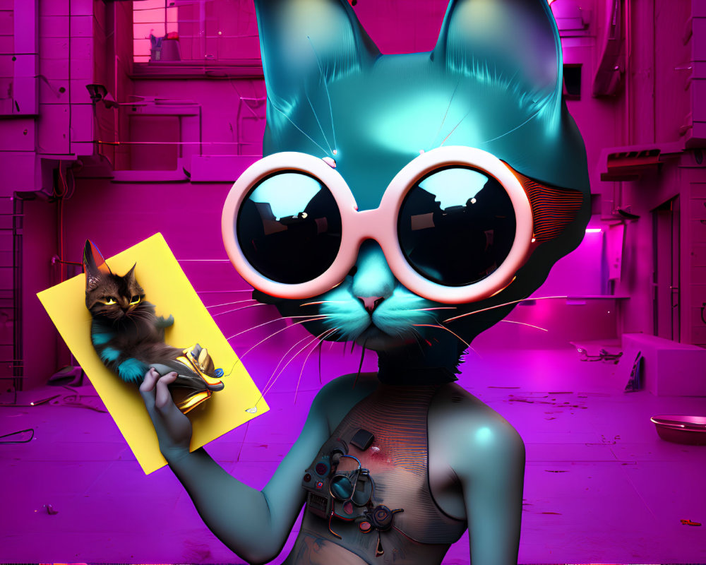 Stylized anthropomorphic blue cat with pink glasses and small brown cat on clipboard in pink-toned