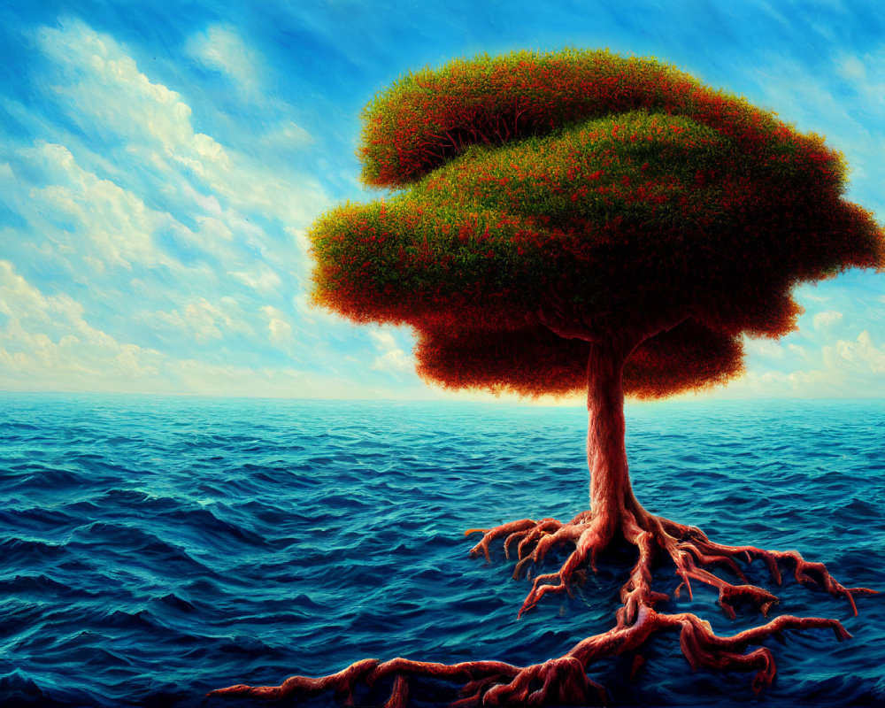 Lush tree with roots floating on serene blue ocean