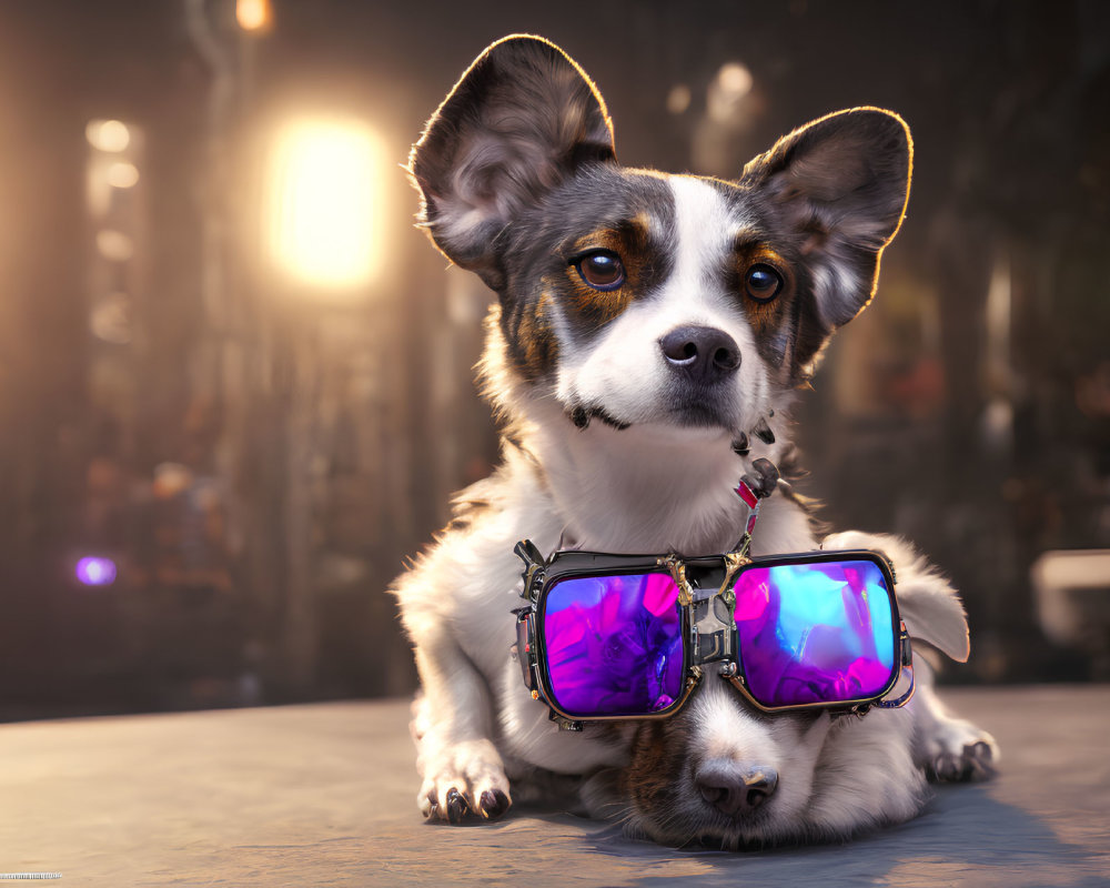 Curious Corgi Dog in Purple Ski Goggles on Street with Lights