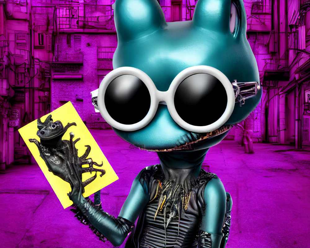 Stylized figure with turquoise cat head and yellow card in urban setting