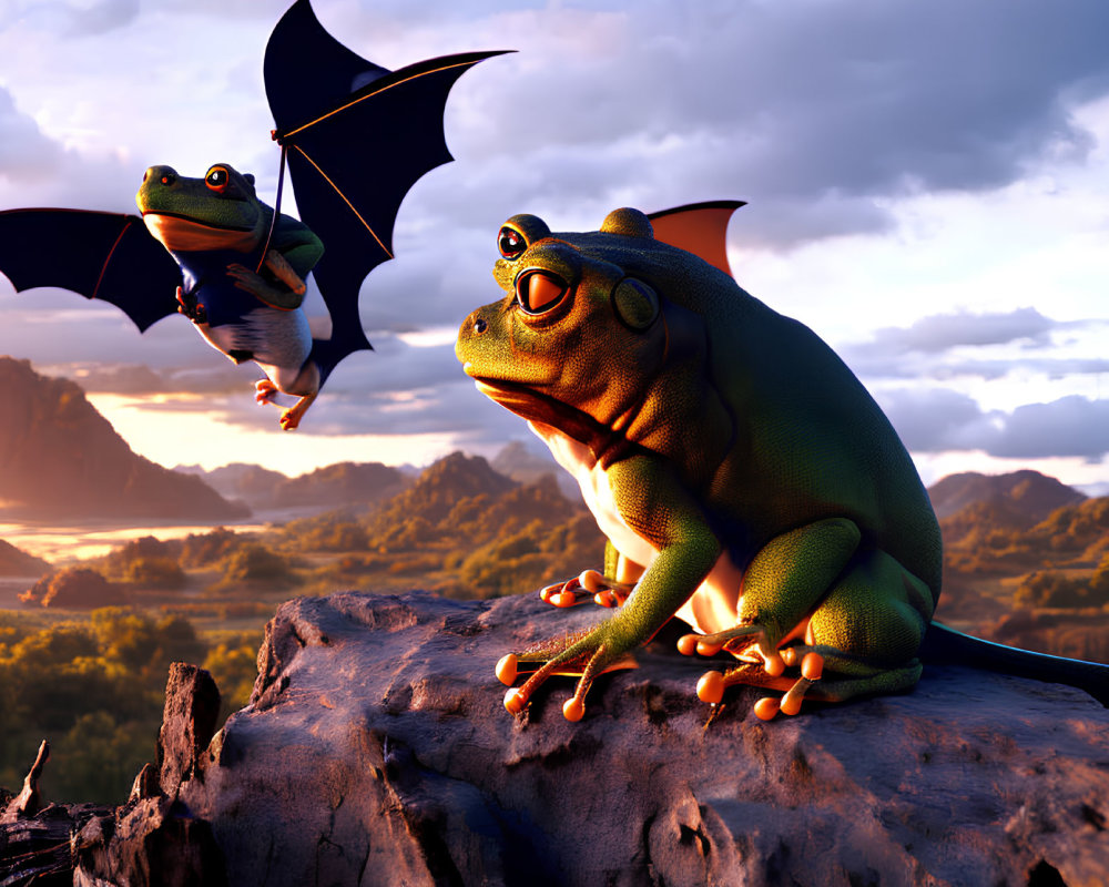 Animated frogs with wings in sunset landscape with mountains and clouds