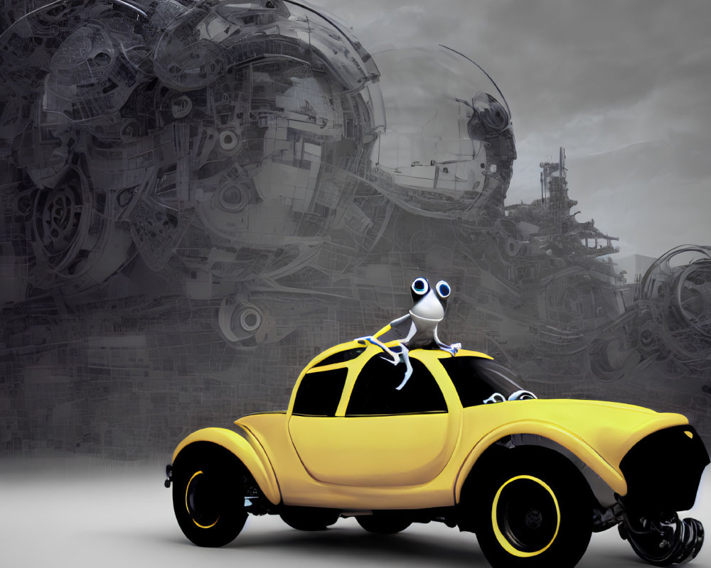 Whimsical cartoon character driving yellow vintage car in surreal landscape