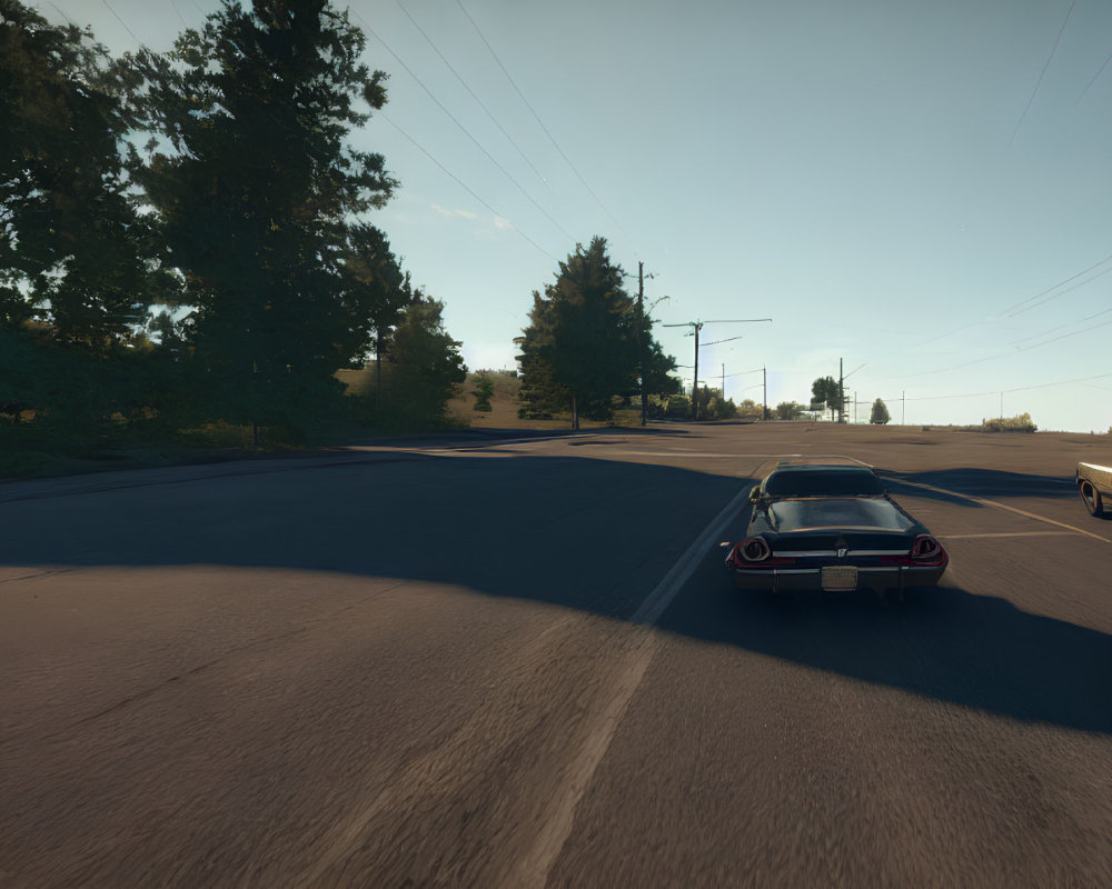 Vintage car driving on sunlit road with lush green trees and clear skies