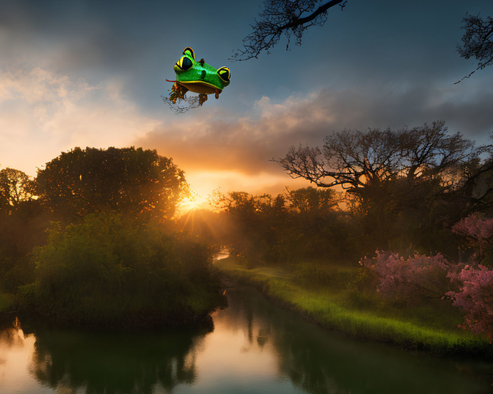 Tranquil sunrise landscape with trees, river, and whimsical flying car