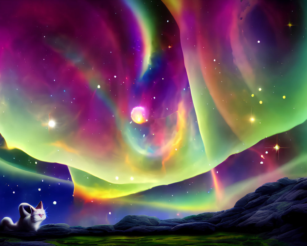 Whimsical white cat admires vibrant aurora and celestial sky