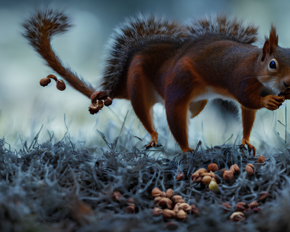 Fluffy squirrel holding nut in paws on dark foliage bed