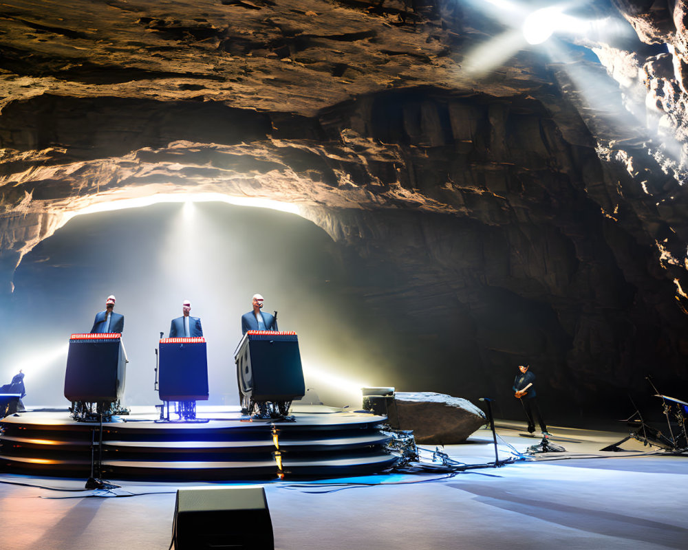 Band performing in cavernous space with light beams.