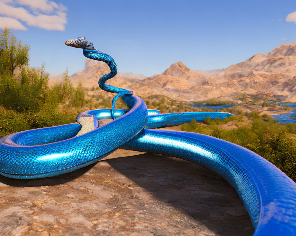 Vibrant Blue 3D Snake Coiled on Rock in Desert Landscape