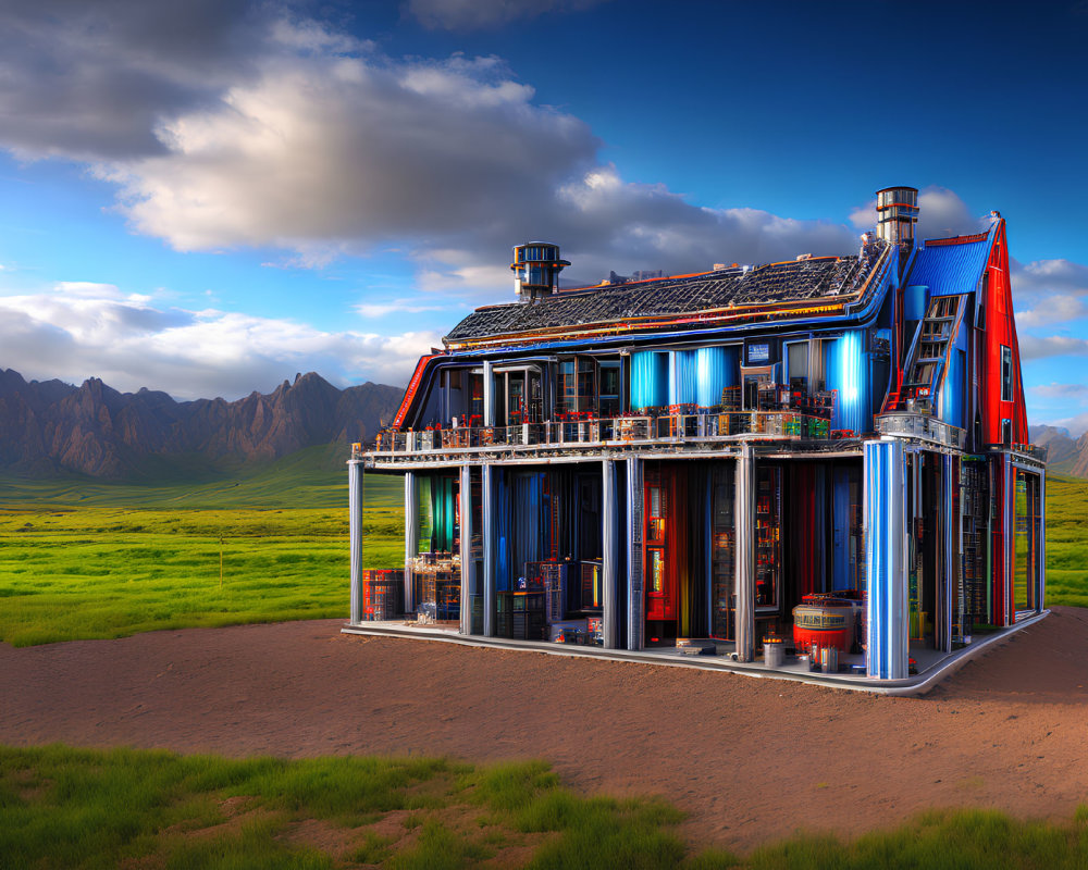 Futuristic two-story house in server-like design on green field with mountains.