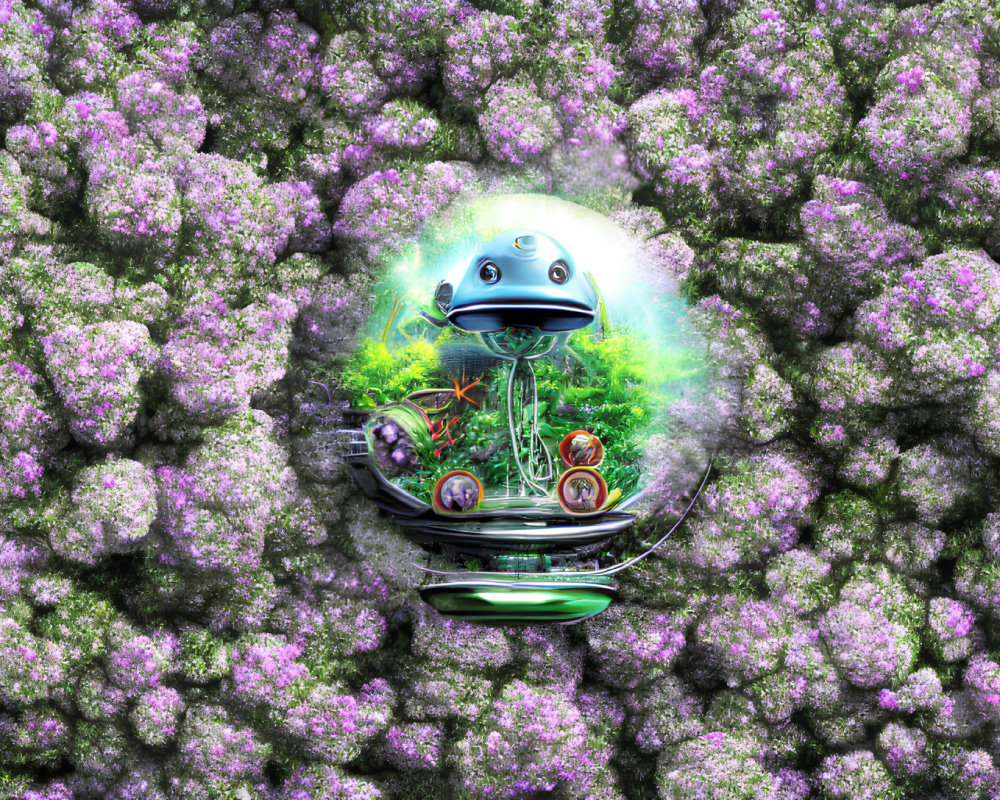 Illustration: Robot watering plants in glass dome among purple flowers