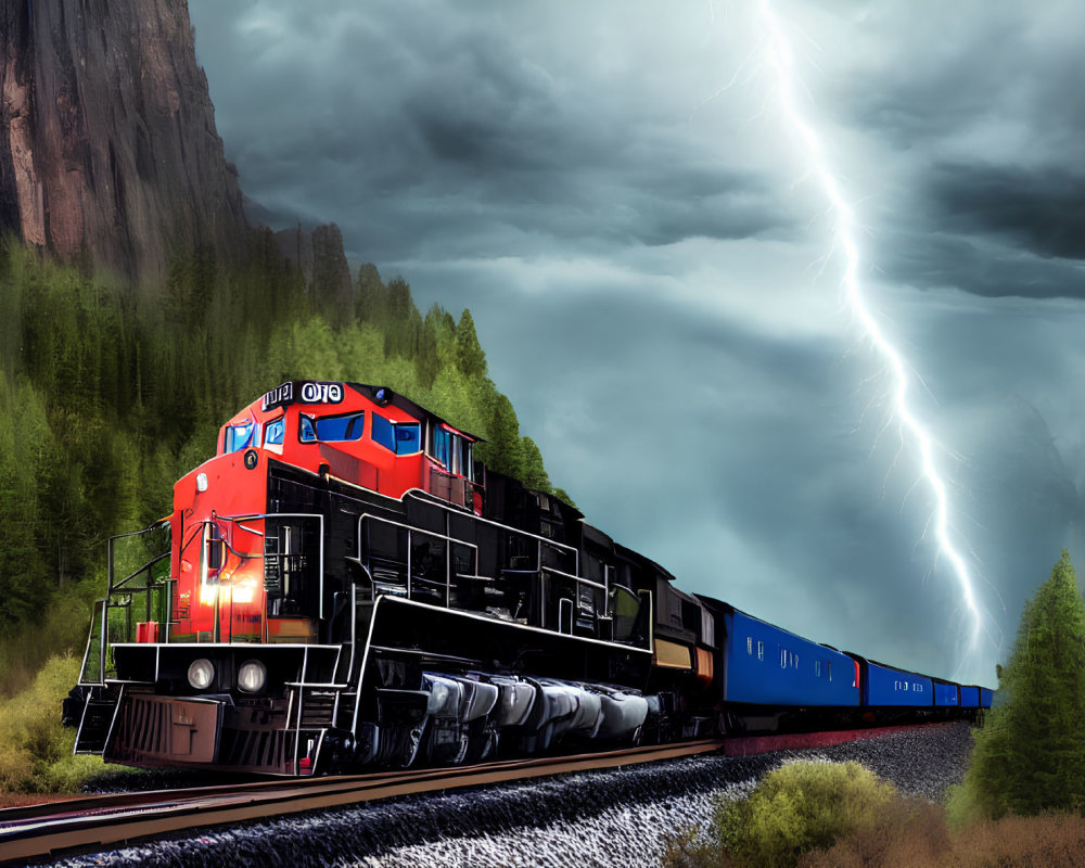 Vibrant red and black cargo train struck by lightning in forest setting