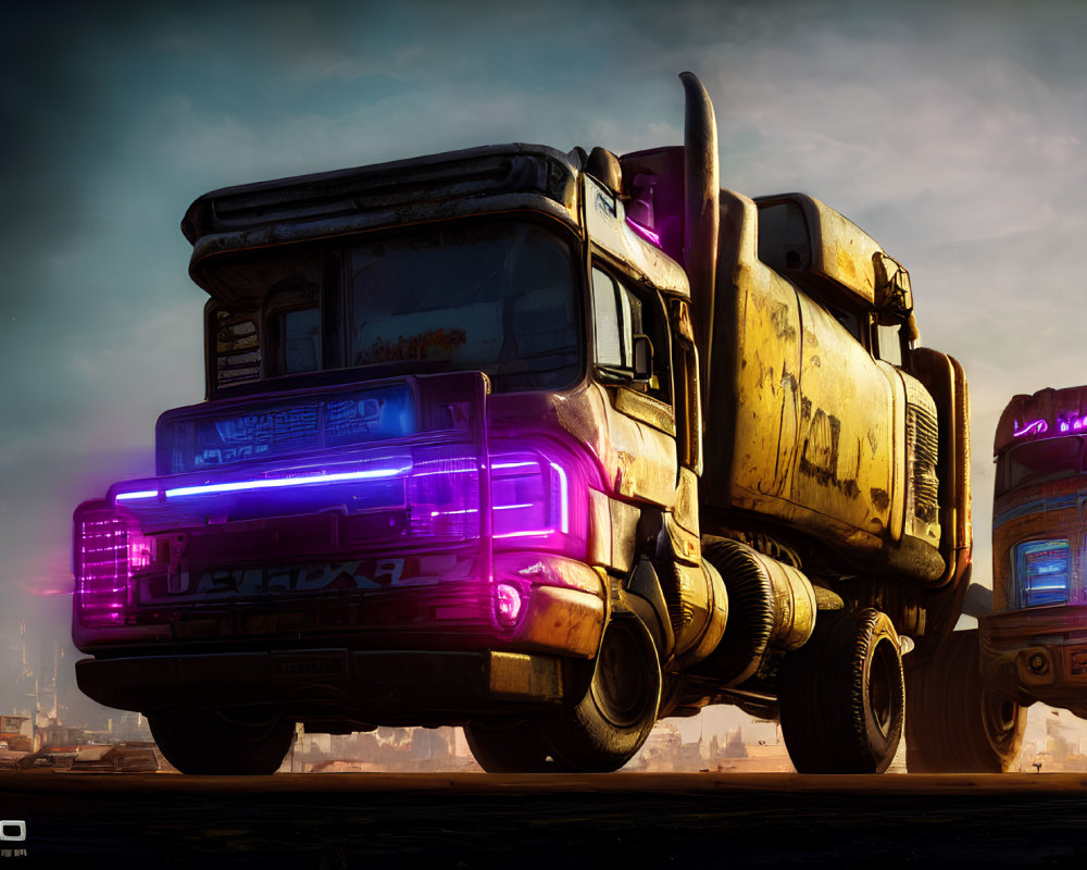 Futuristic trucks with neon lights in dystopian cityscape at twilight