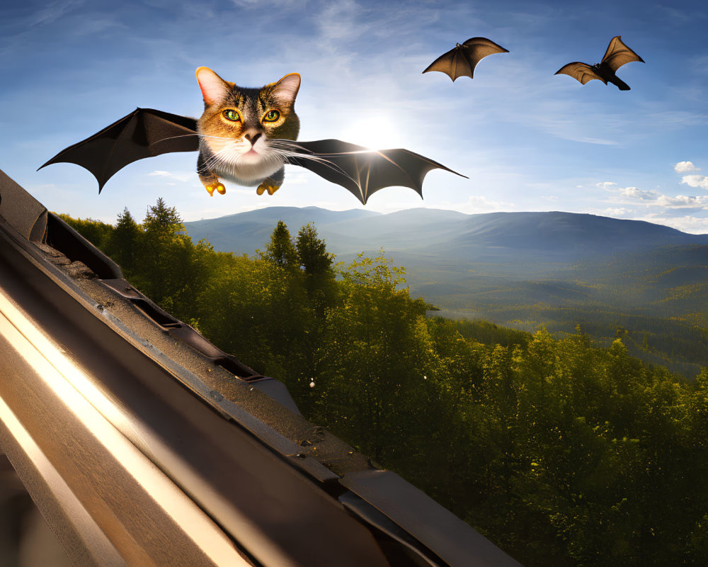 Cat with Bat Wings Flying Among Bats in Forest Scene