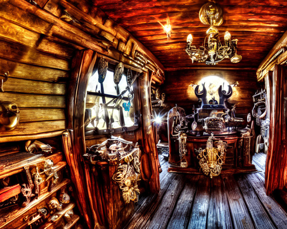 Luxurious Pirate Ship Cabin with Chest, Chandelier, and Baroque Decor under Warm Lighting