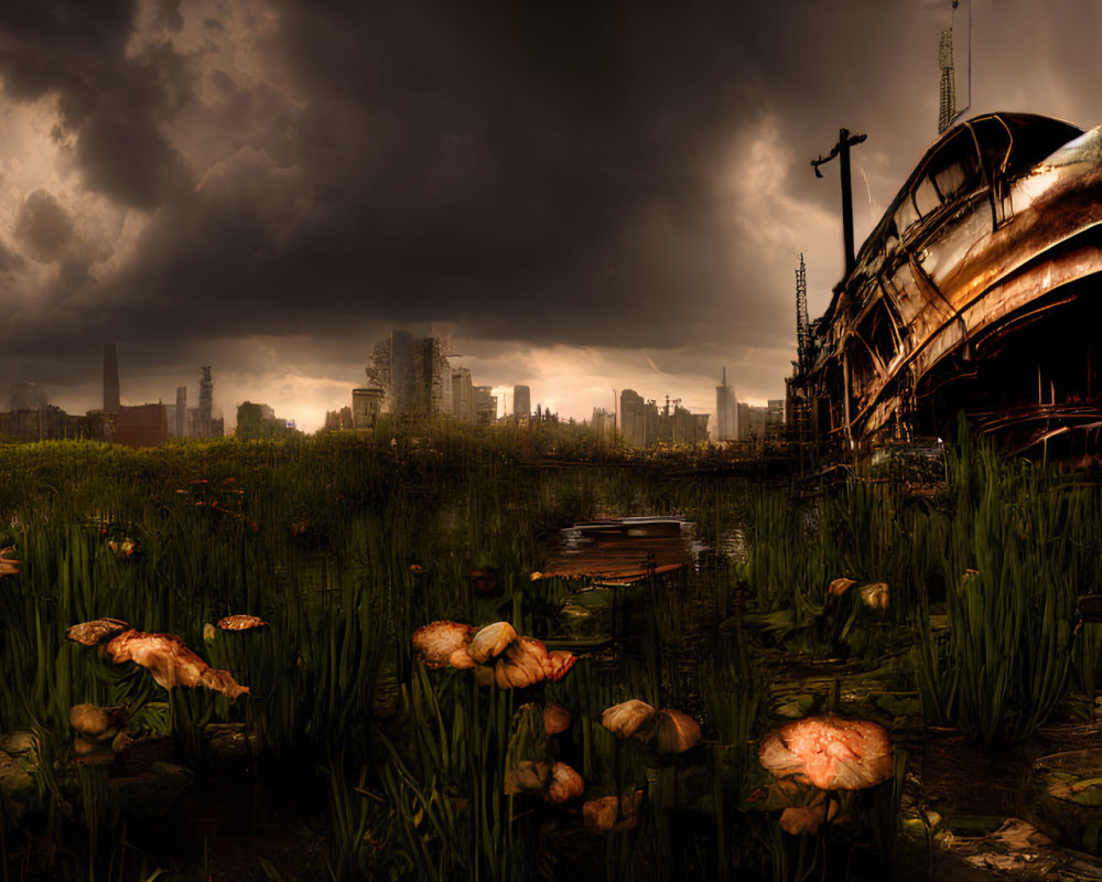 Dystopian landscape at dusk with rusted shipwreck and decaying structures