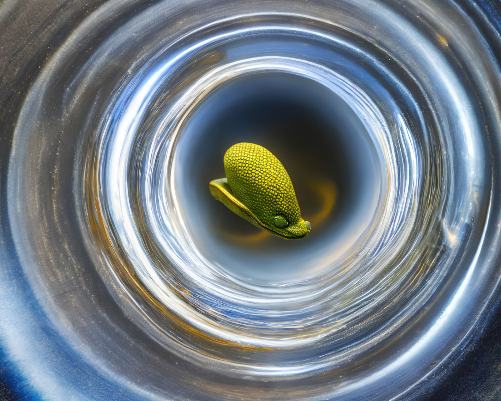 Green gecko inside circular metallic tube with blue swirling pattern.