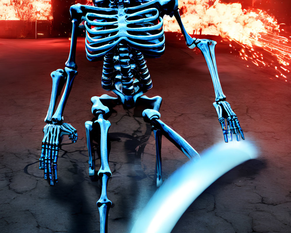 Blue Glowing Skeleton Surrounded by Explosions and Fire at Night