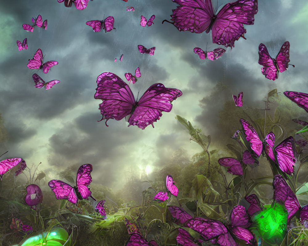 Vibrant purple butterflies in mystical forest with green glows