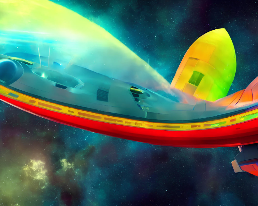 Futuristic spaceship in colorful nebula artwork