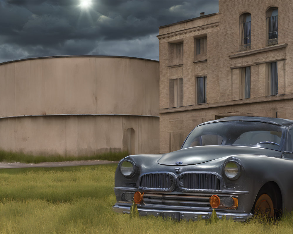 Abandoned grey car with orange reflectors near weathered buildings under stormy sky