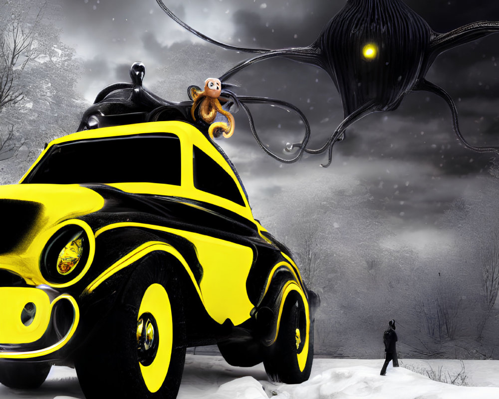 Surreal snowy landscape with person, car, monkey, and tentacled creature