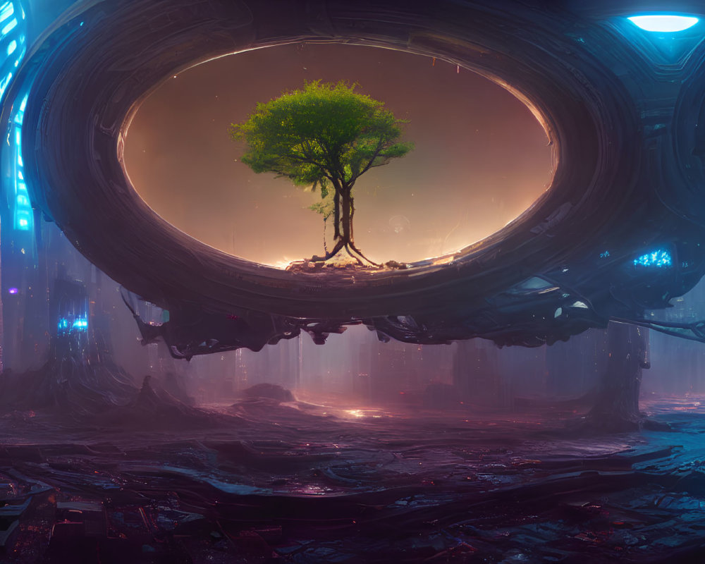 Futuristic circular structure with lone tree and atmospheric lighting