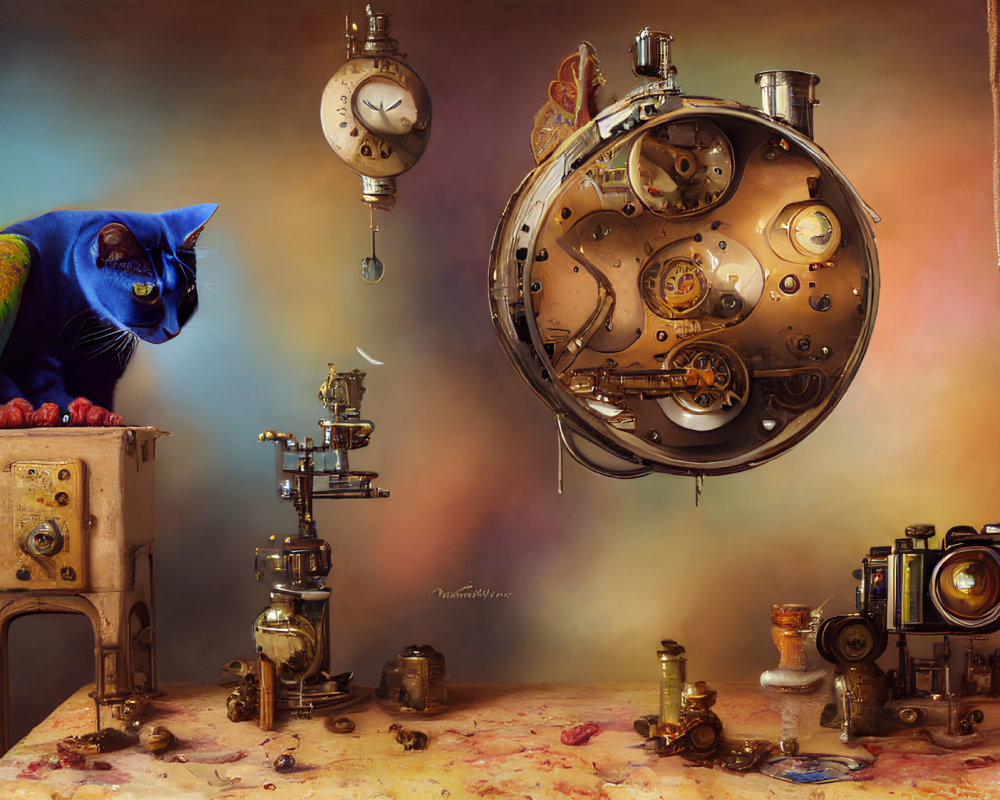 Colorful Parrot with Steampunk Contraptions on Warm Background