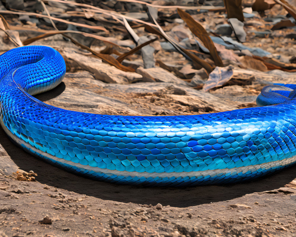 Vibrant Blue Snake Coiled on Rocky Ground with Dry Leaves