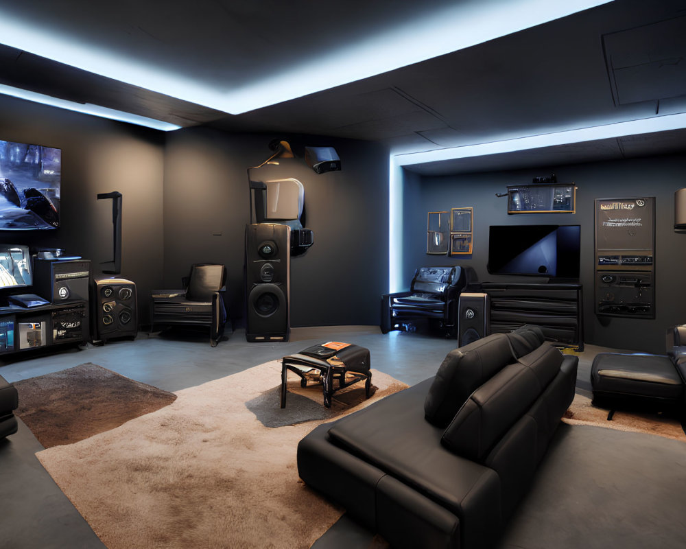 Dark Walls, Leather Seating, Large Screen: Modern Home Theater Setup