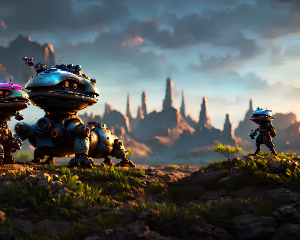 Colorful robots exploring rocky terrain with mountains at sunset