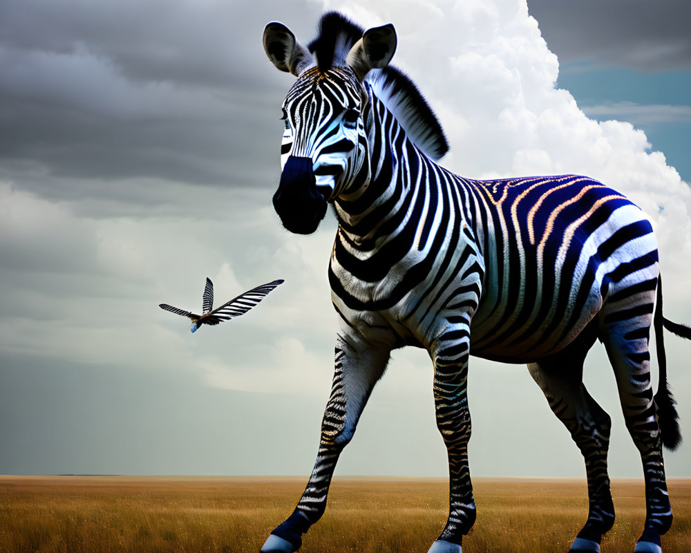 Zebra standing on grassy plain under dramatic sky with bird in flight