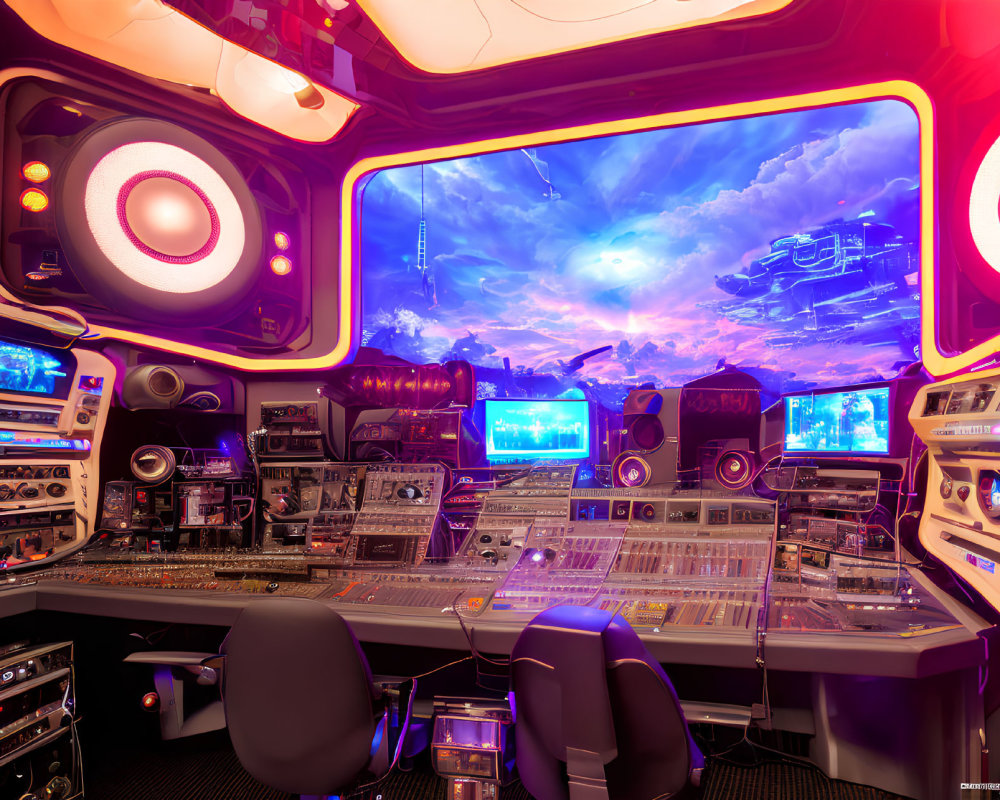 Advanced Music Studio with Sci-Fi Sky View