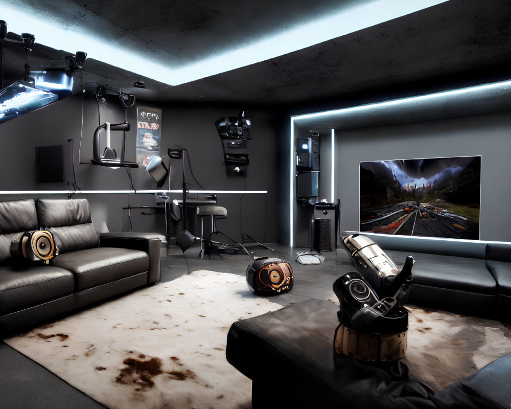 Sleek modern gaming room with dark tones and advanced equipment