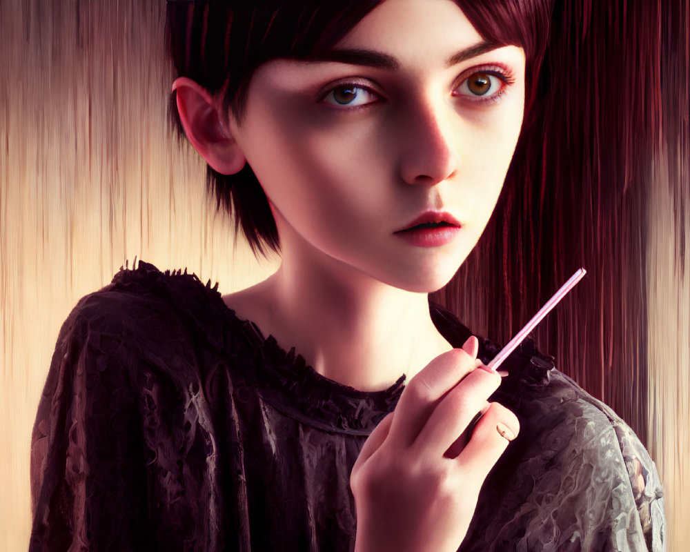 Digital artwork of young person with short dark hair and striking eyes holding a cigarette on streaked brown backdrop