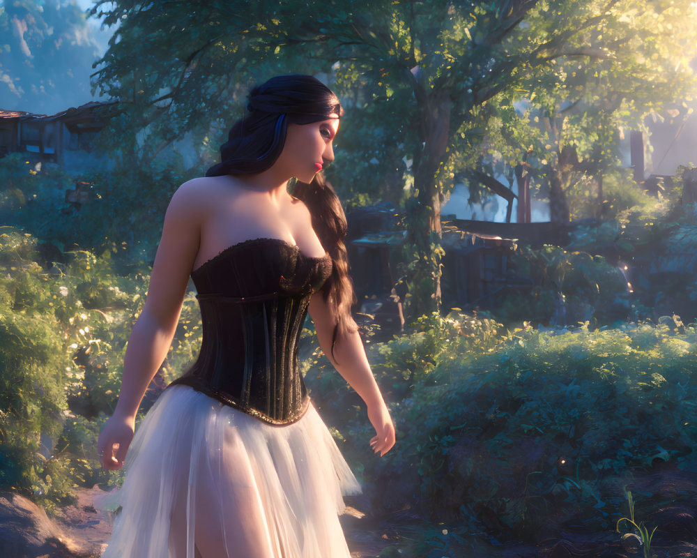 3D-rendered image of woman in black corset and white skirt in forest clearing with village backdrop