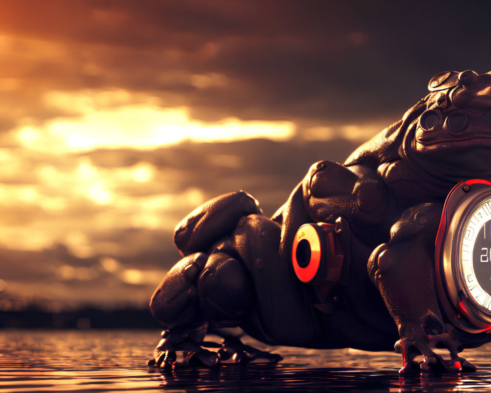 Muscular Frog with Headphones and Stopwatch at Sunset Reflection.