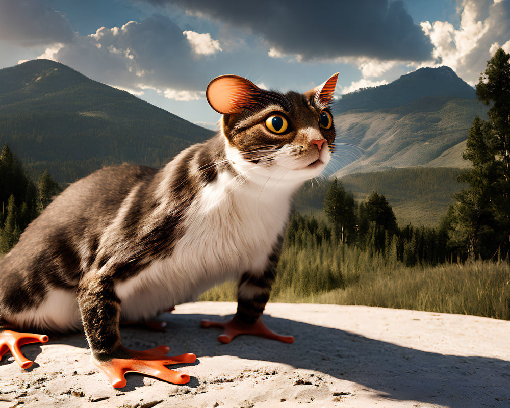 Digital art of cat with oversized eyes in rural mountain scenery