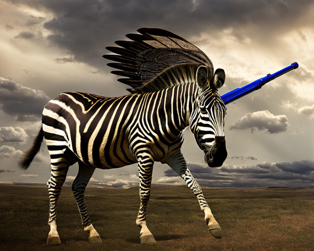 Digitally altered image: Zebra with wings and lightsaber horn in dramatic sky