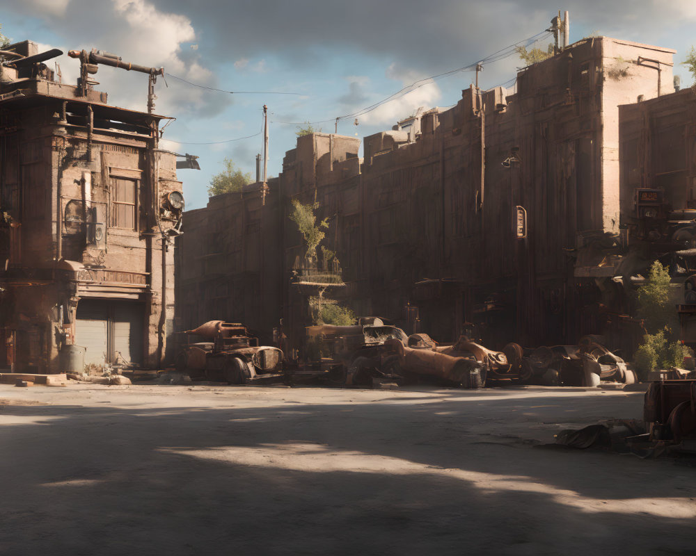 Desolate urban street with dilapidated buildings and rusting cars