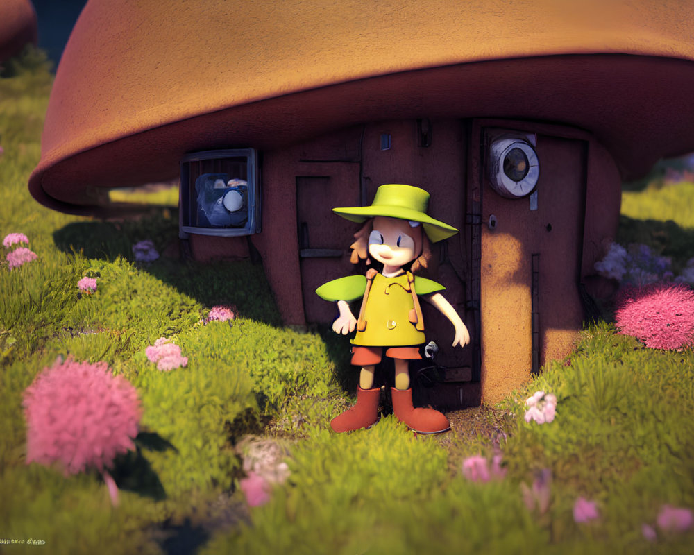 Yellow raincoat and hat character at cozy mushroom house