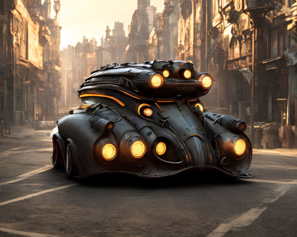 Futuristic black car with glowing headlights on deserted street among old ornate buildings