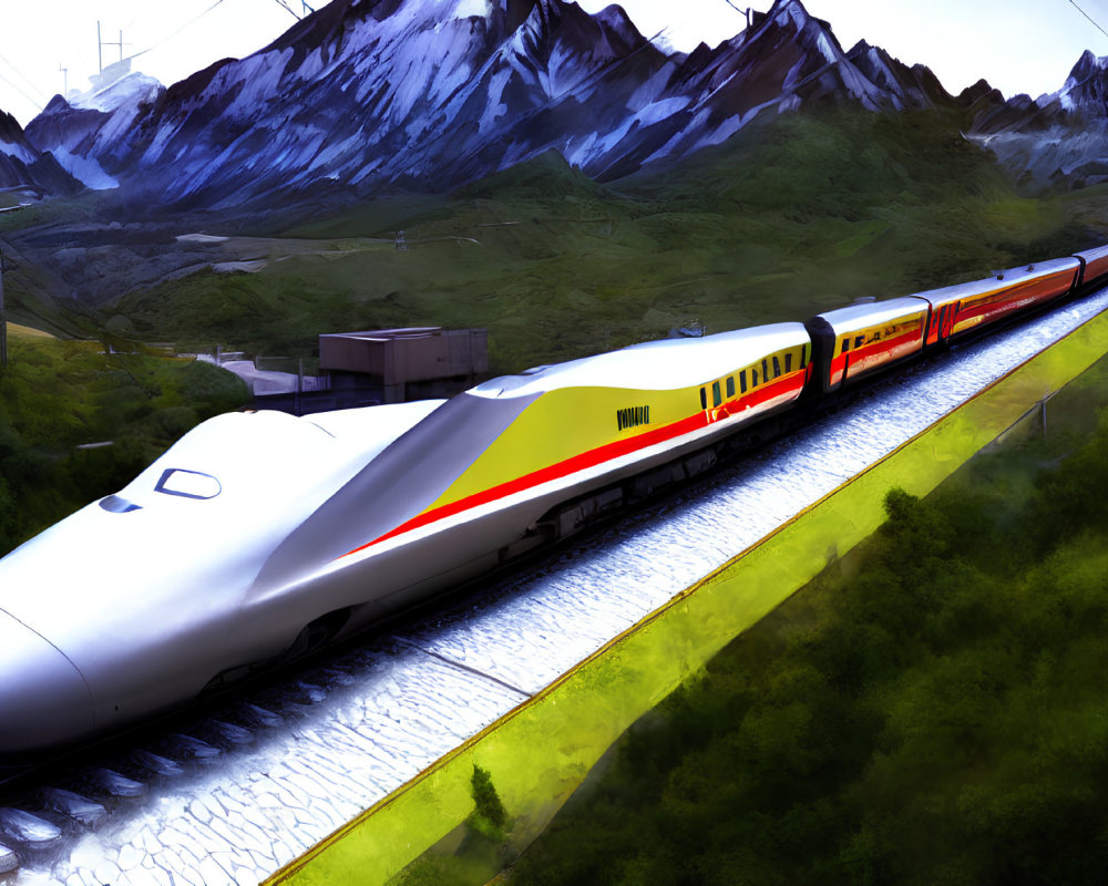 White and Red Bullet Train in Mountainous Landscape