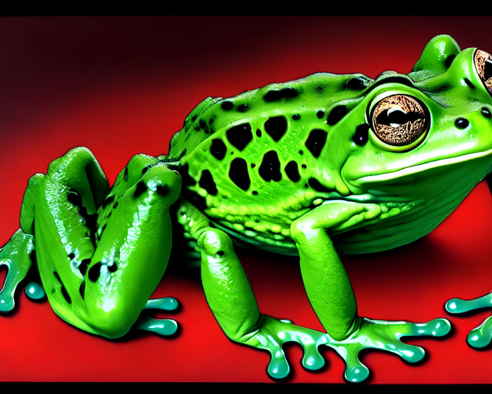 Vivid Green Frog with Black Patterns and Golden Eyes on Red Surface