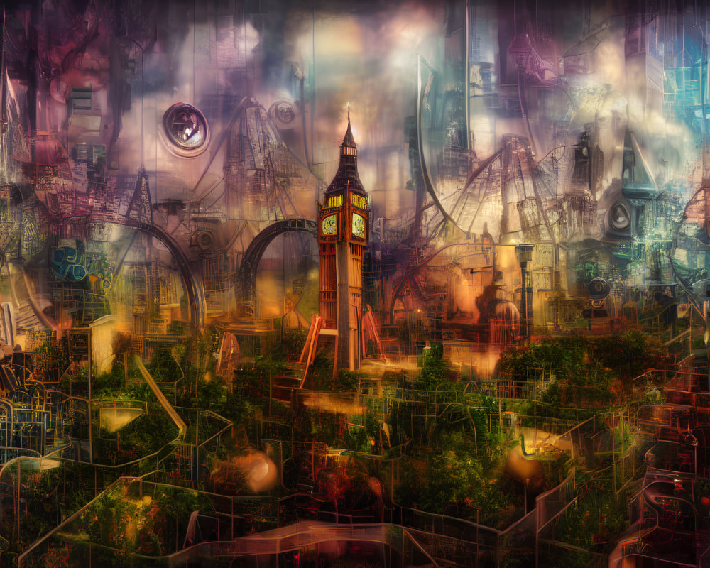 Colorful Surreal London Landmarks Collage with Abstract and Mechanical Elements