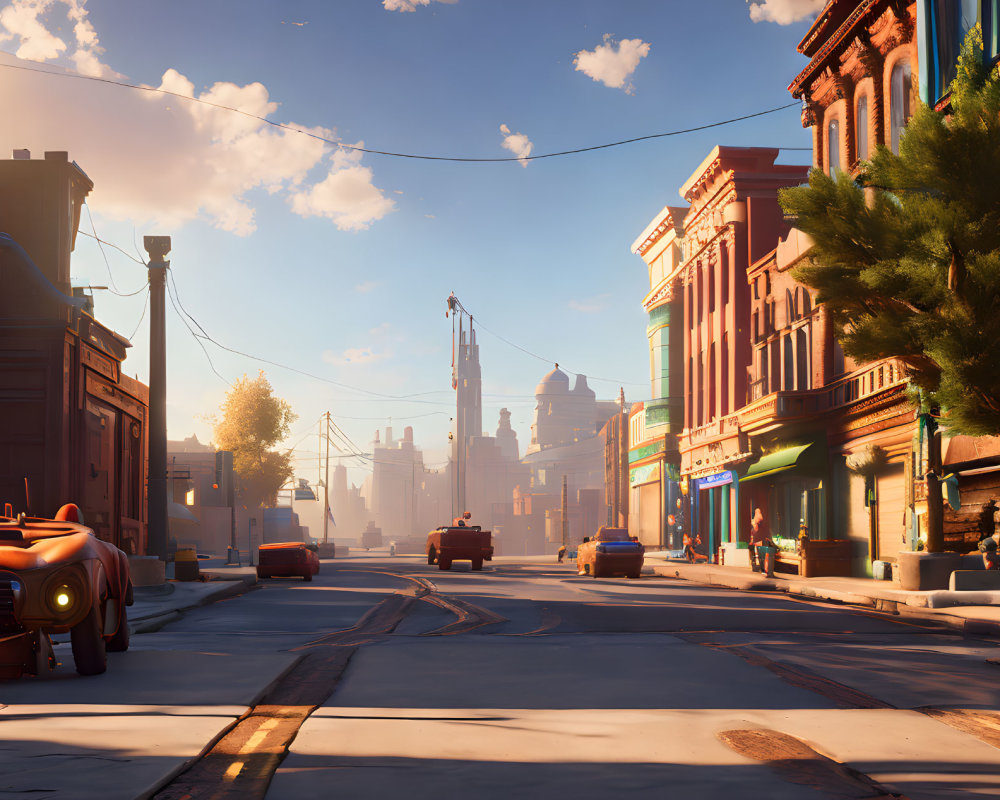 Vintage cars parked on sunlit street with old-fashioned buildings