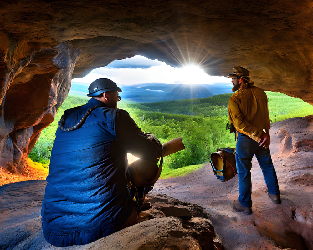 Explorers in cave opening view forested landscape at sunset