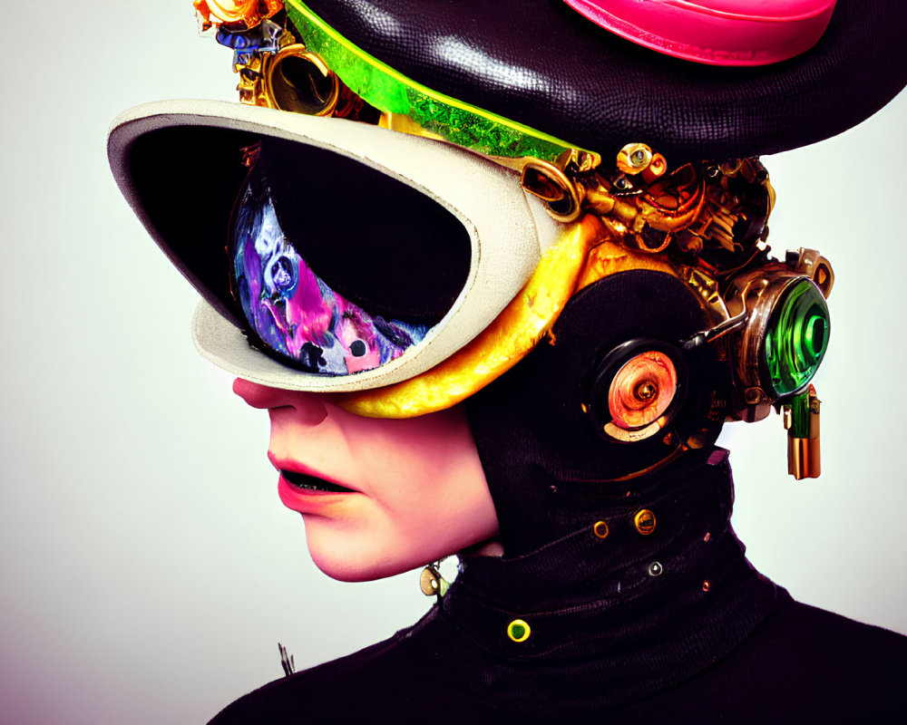 Elaborate Steampunk Helmet with Goggles and Gears on Person